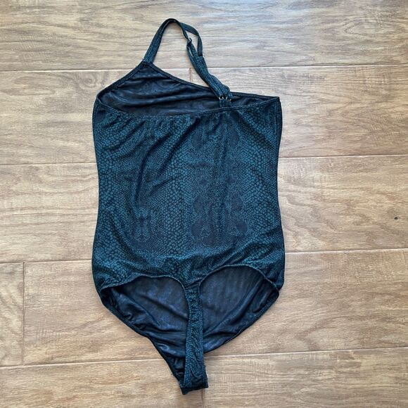 Intimately Free People Bodysuit Size S One Shoulder Snakeskin Dark Green/Black - Picture 2 of 8